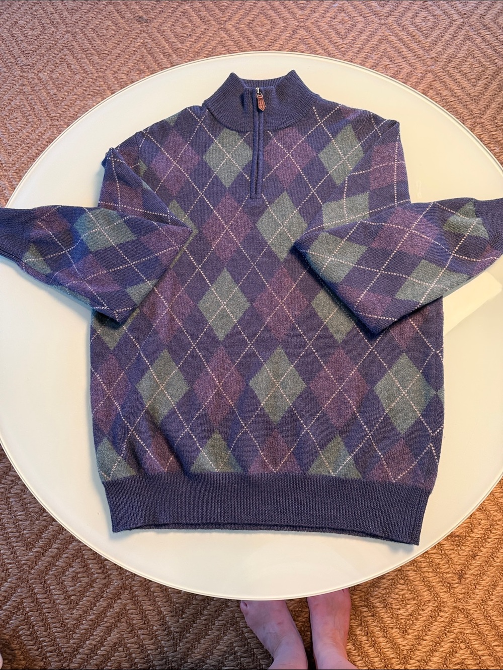 Ralph Lauren Purple Argyle Quarter-Zip Sweater with Green Diamonds size large